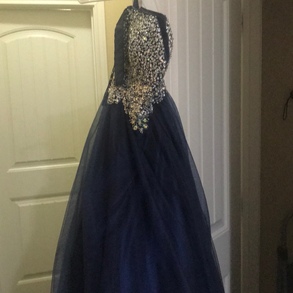 Navy Evening Prom Dress Ball Gown Jeweled Bodice